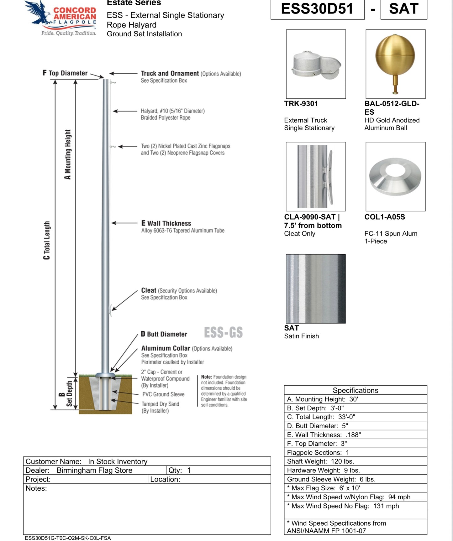Concord American Flagpole Estate Series, In Stock