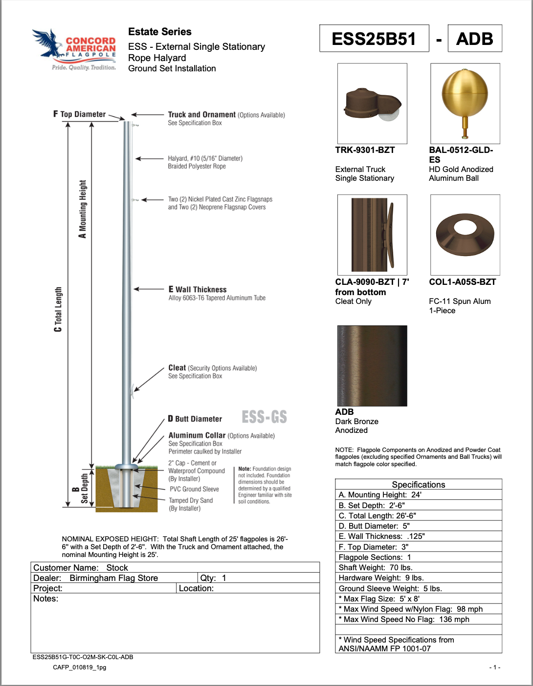Concord American Flagpole Estate Series, In Stock