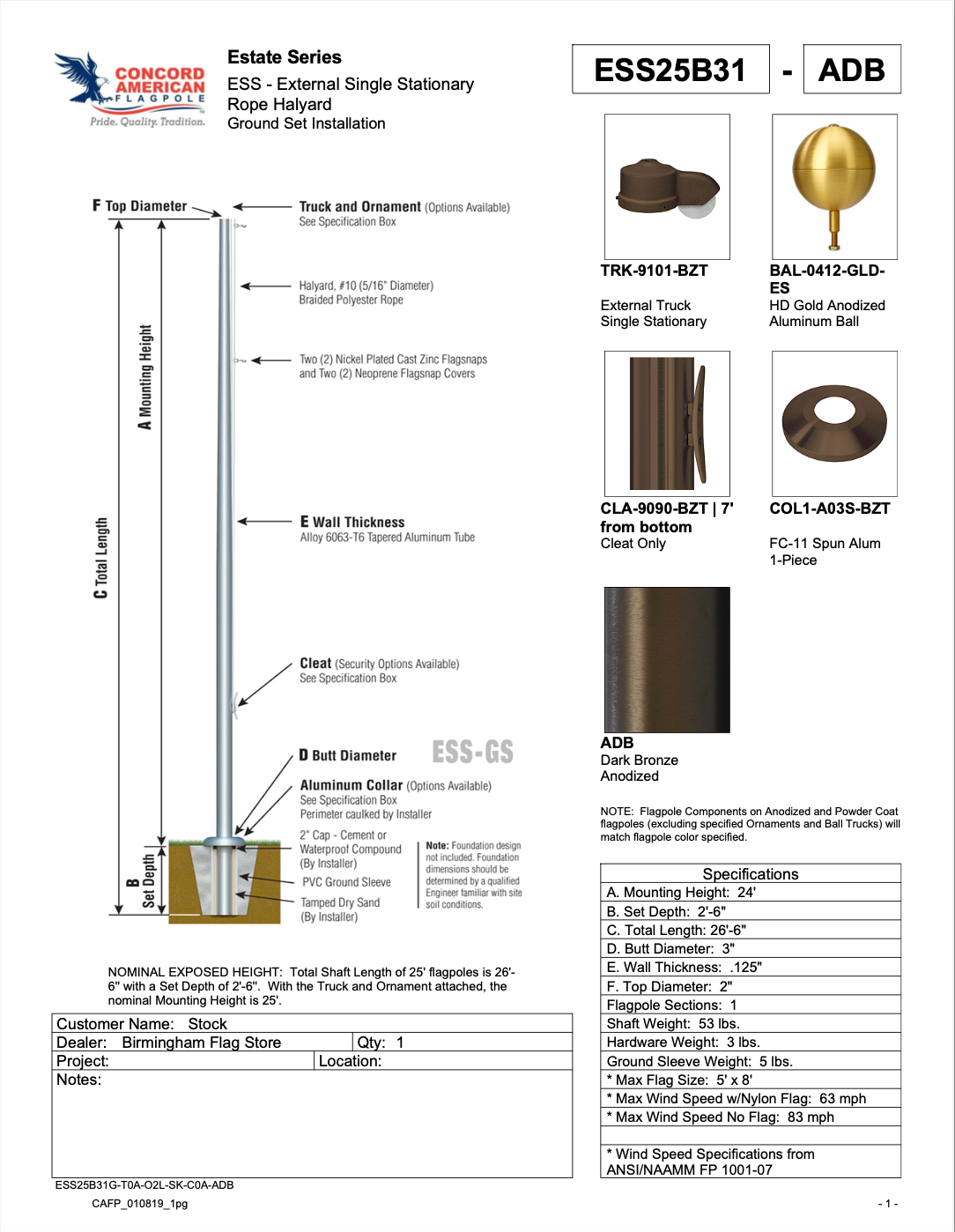 Concord American Flagpole Estate Series, In Stock