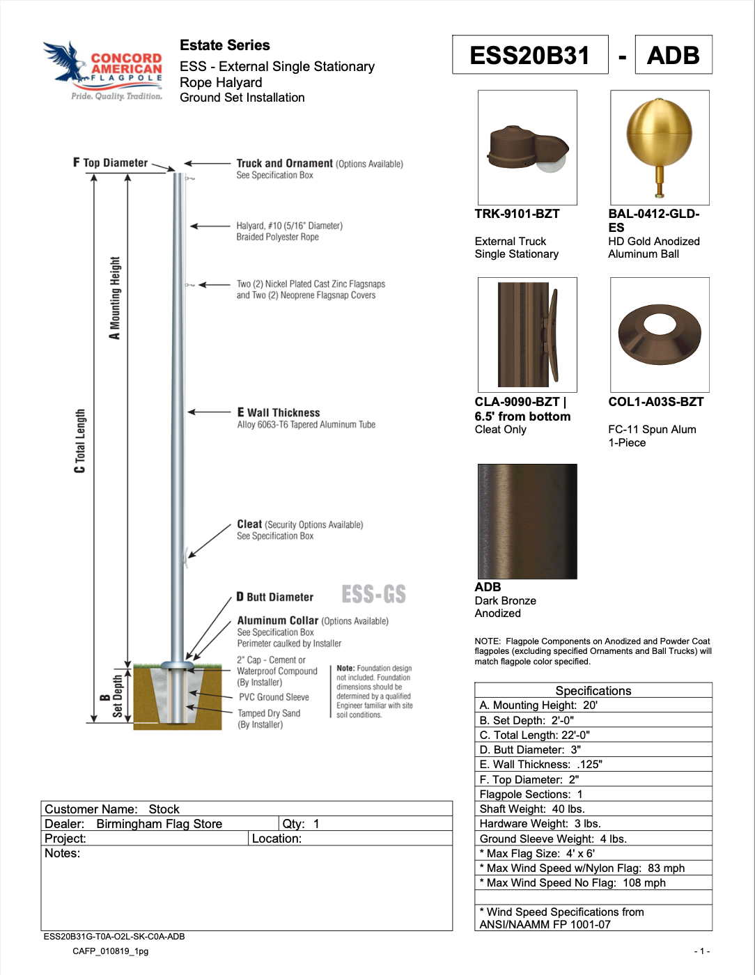 Concord American Flagpole Estate Series, In Stock
