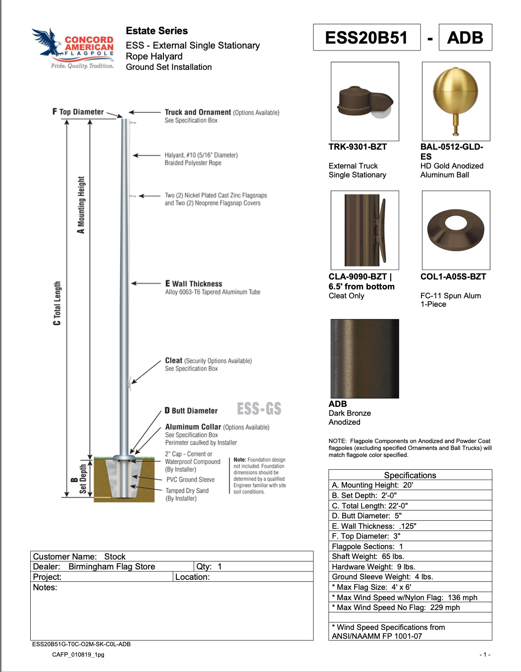 Concord American Flagpole Estate Series, In Stock