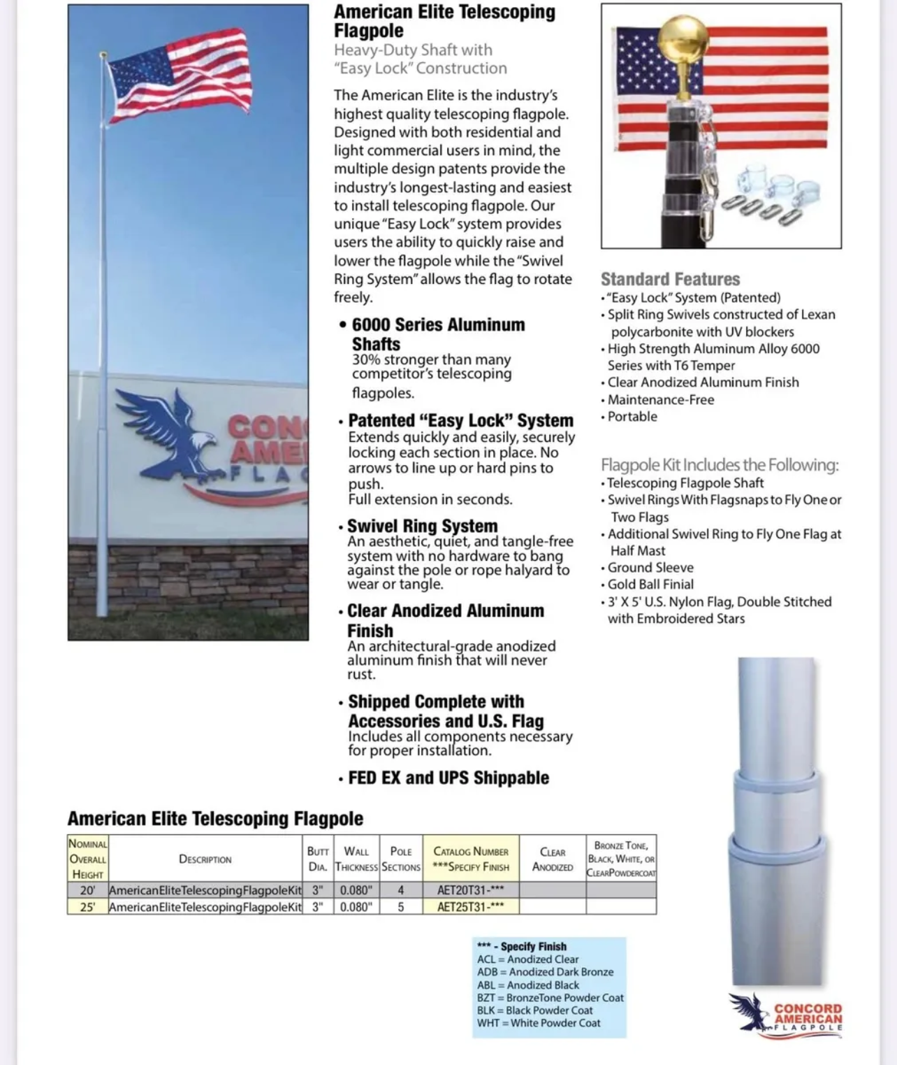 Concord American Elite Telescoping Flagpole. 25 ft.